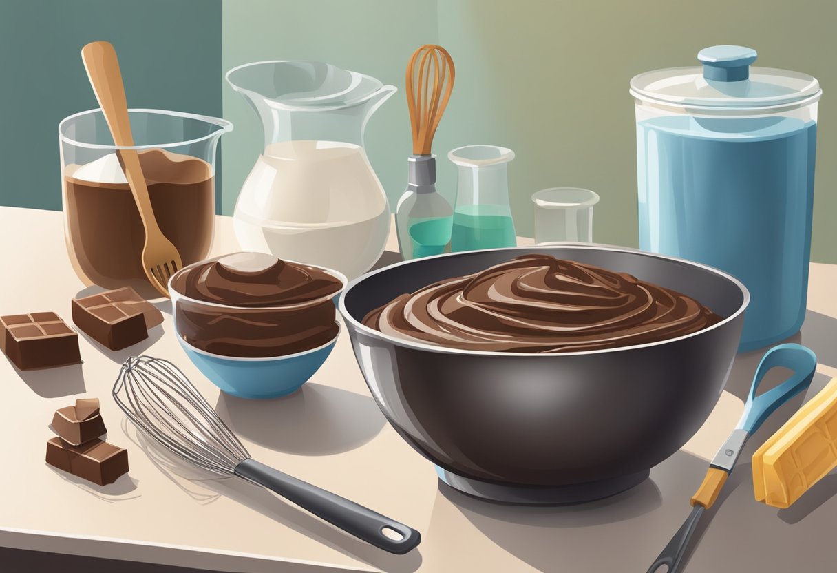 A mixing bowl with ingredients for chocolate cake, a whisk, and a spatula on a clean kitchen counter