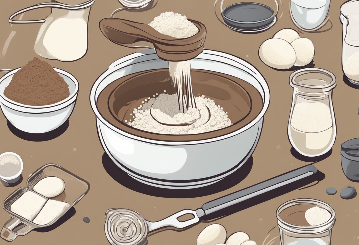 A mixing bowl filled with flour, cocoa powder, sugar, and eggs. A hand-held mixer blending the ingredients into a smooth batter. A greased cake pan ready for the oven