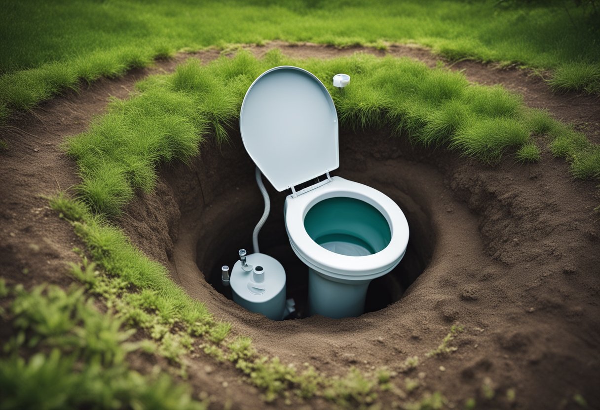 A septic tank sits underground, connected to a toilet. It has an inlet pipe for waste and an outlet pipe for treated water. The tank is divided into two chambers to allow for settling and digestion of solids