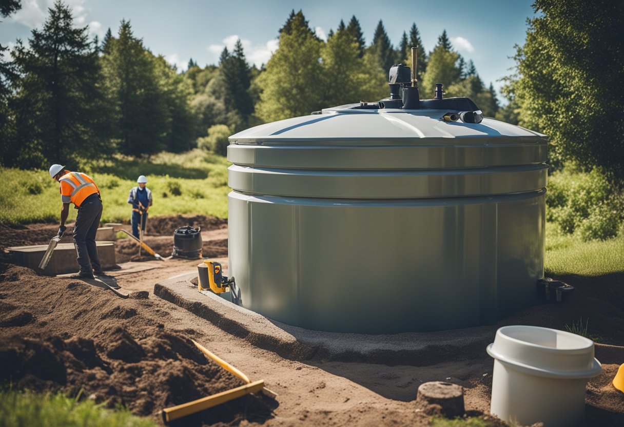 A septic tank being installed with maintenance tools nearby