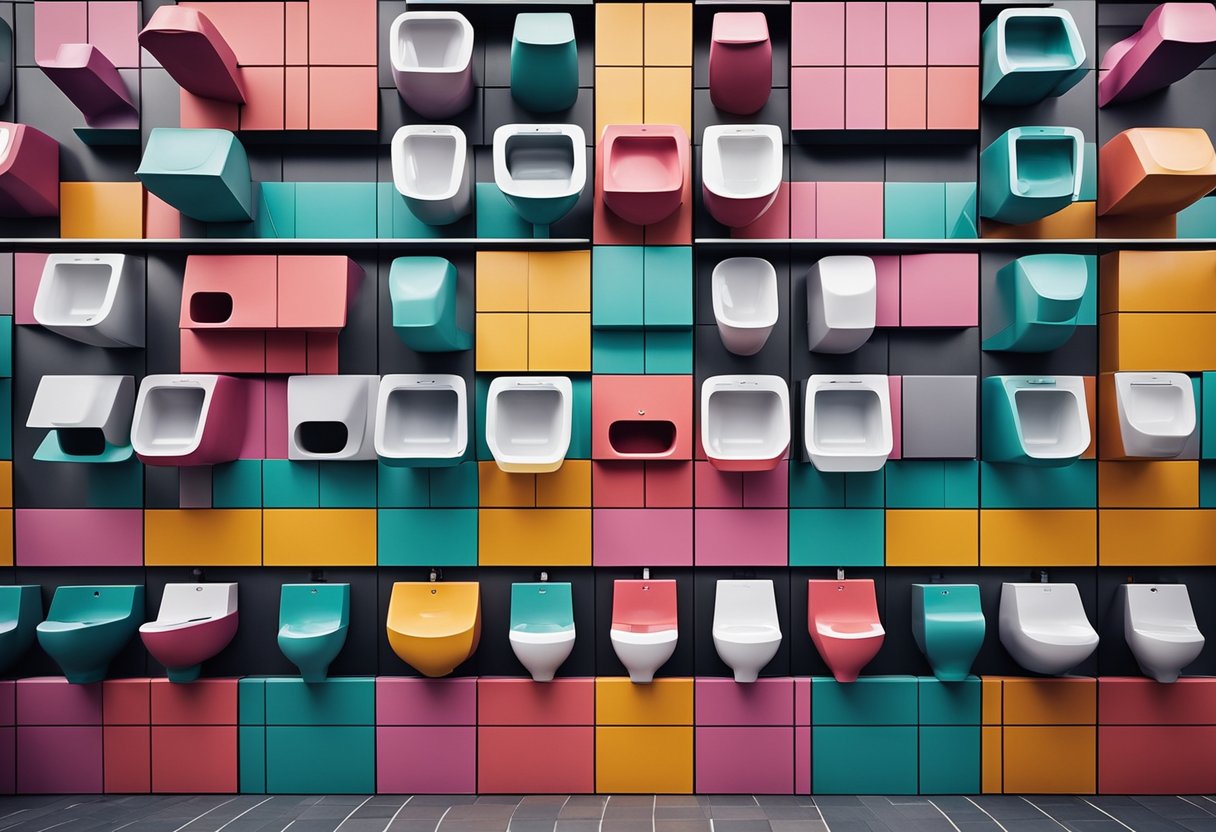 A row of colorful, geometric-shaped toilets with sleek, modern designs, each with its own unique pattern and style