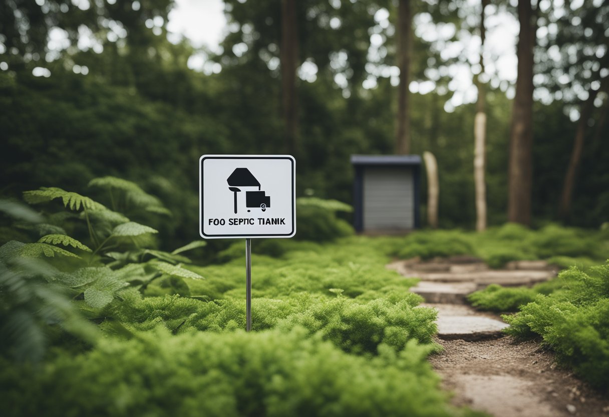 A toilet and septic tank are shown with a FAQ sign nearby