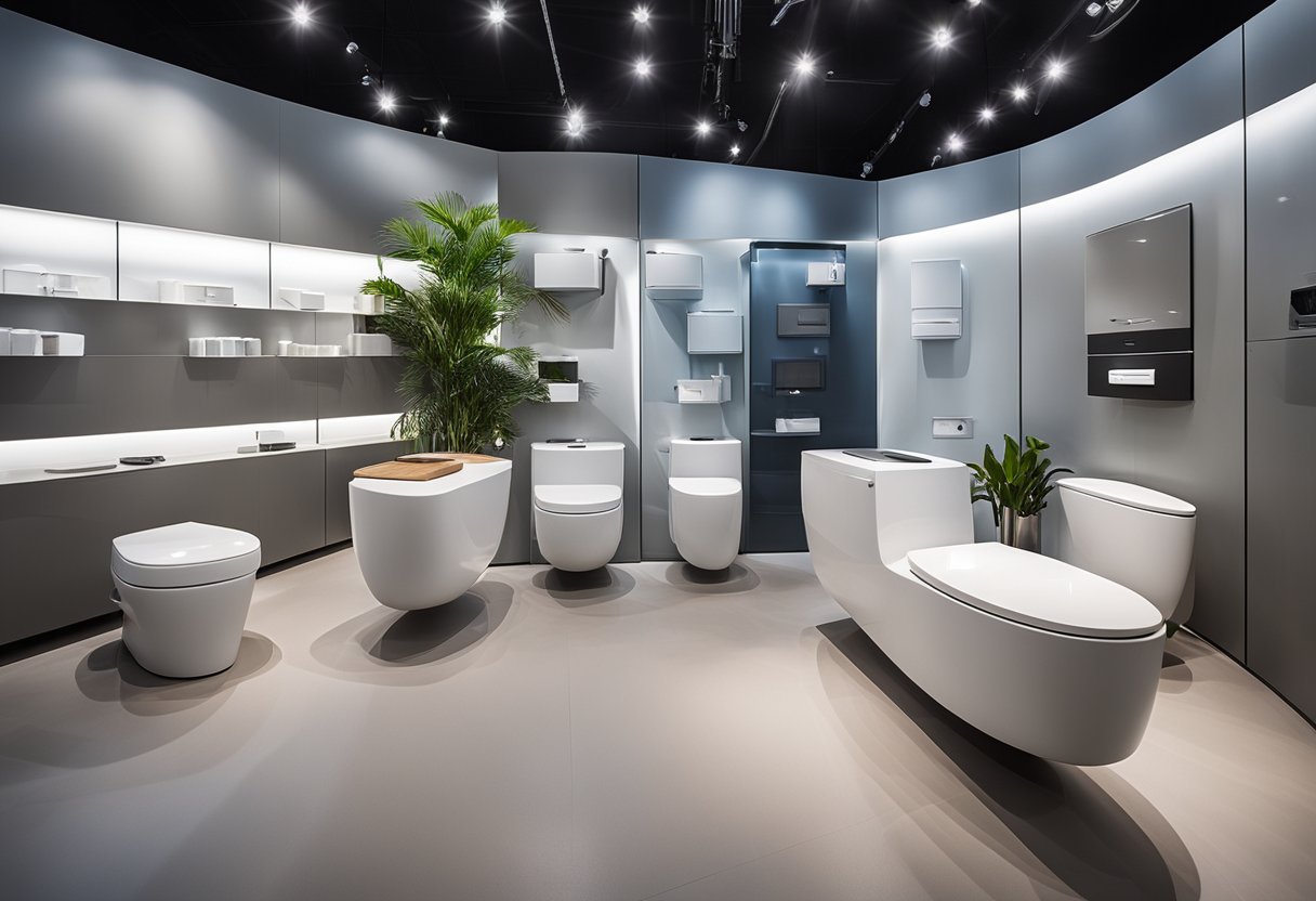 A variety of innovative toilet designs and materials are displayed in a showroom, showcasing modern and unique options for bathroom fixtures