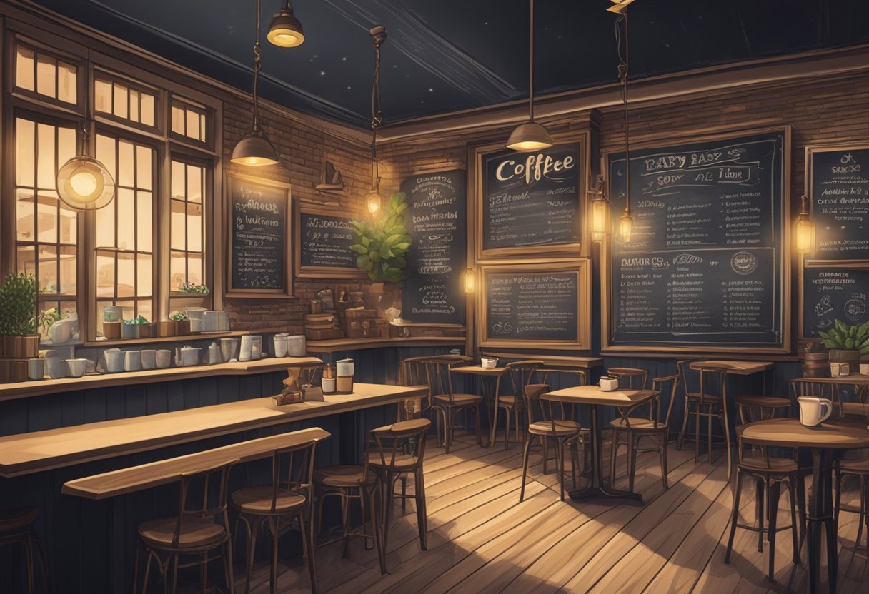 A cozy coffee shop with a chalkboard menu displaying unique baby names. Soft lighting and vintage decor create a warm and inviting atmosphere