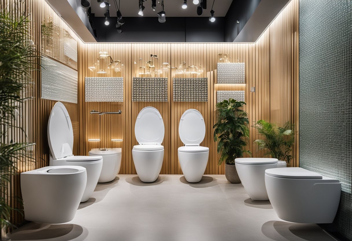 A variety of unique toilet designs displayed in a showroom, with customers browsing and asking questions to the staff