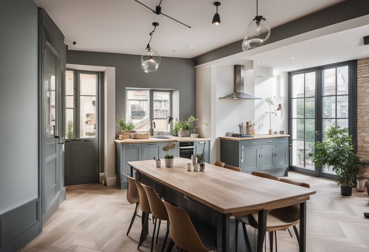 A before-and-after scene of a maisonette renovation, showing the old and worn interior being transformed into a modern and stylish living space