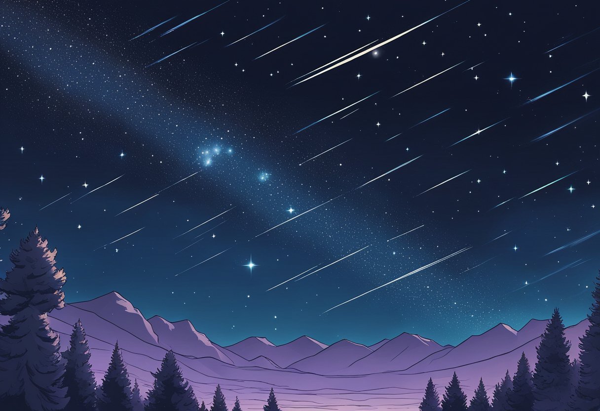 A night sky filled with twinkling stars and constellations, with a shooting star streaking across the horizon