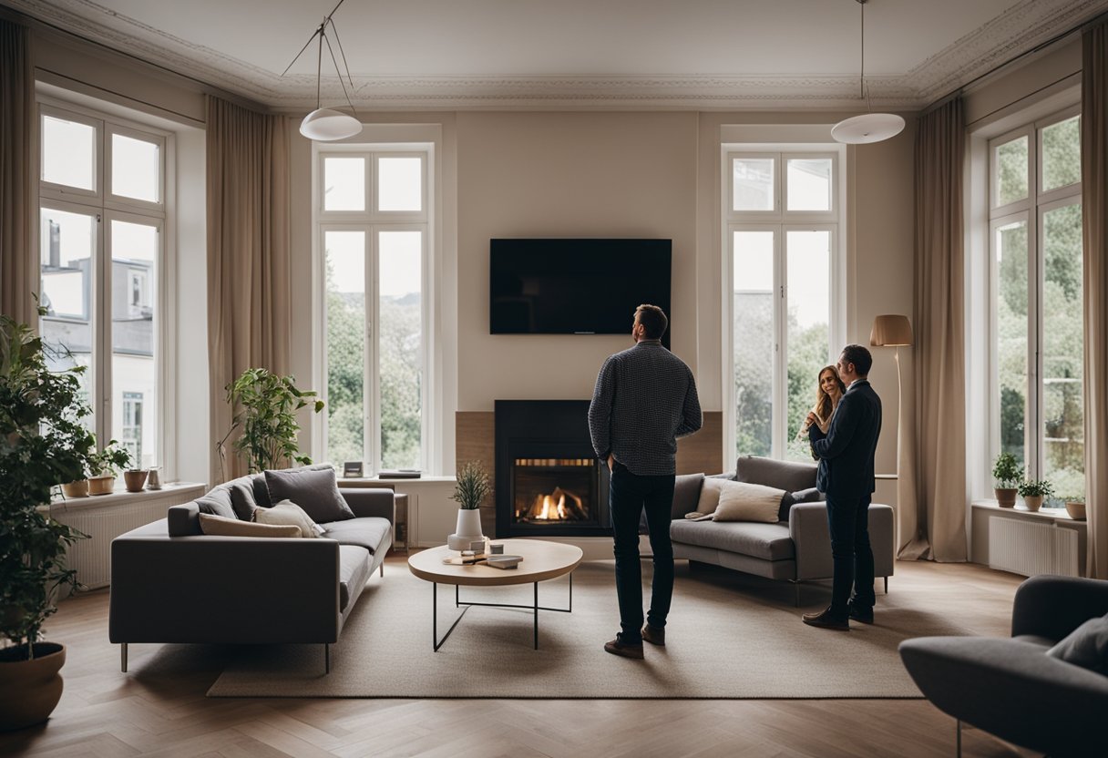 A couple discussing maisonette renovation costs with a contractor in a cozy living room with a fireplace and large windows