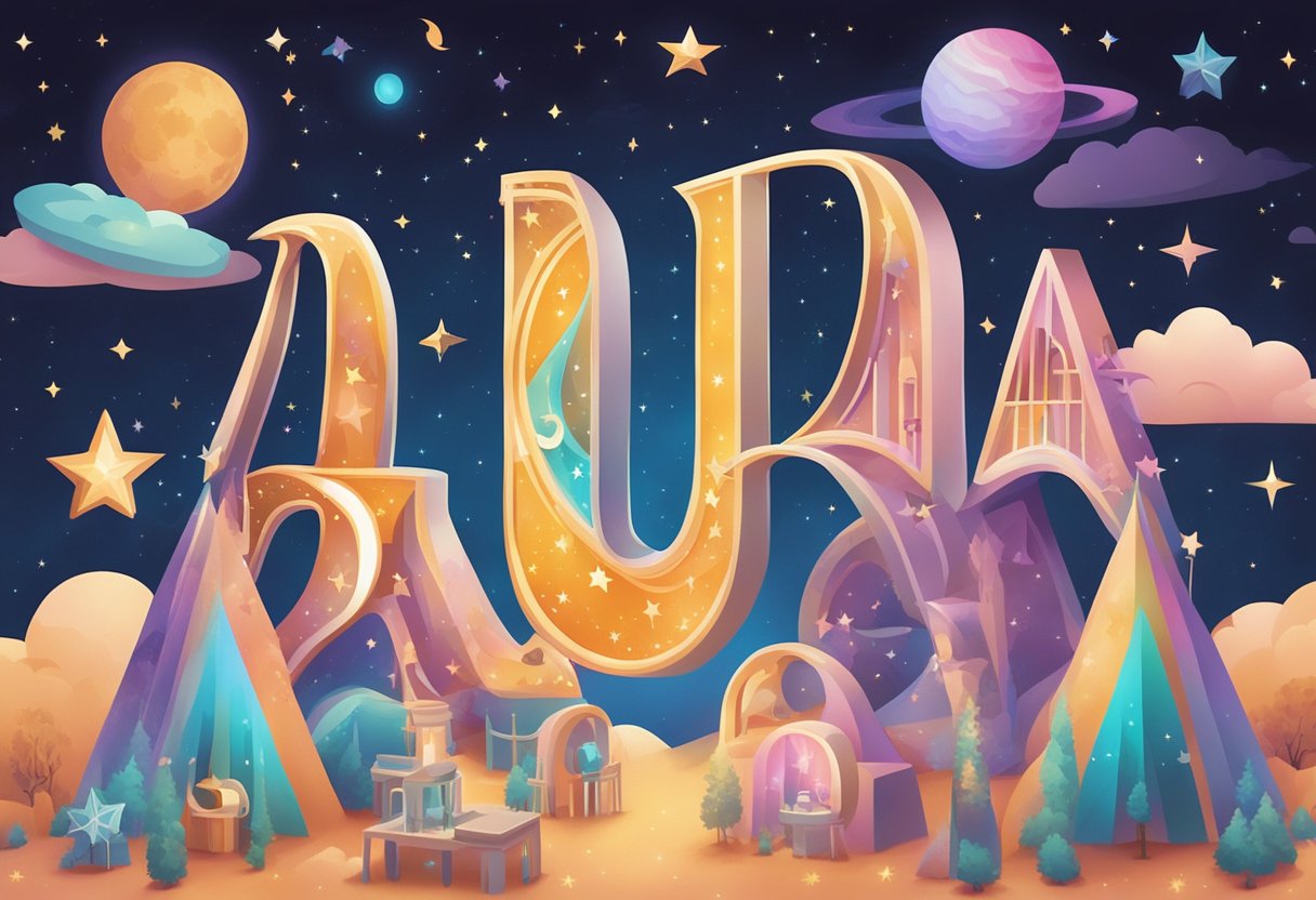 Colorful, whimsical letters spell out "Aria" and "Ezra" on a celestial-themed backdrop, surrounded by stars and moons
