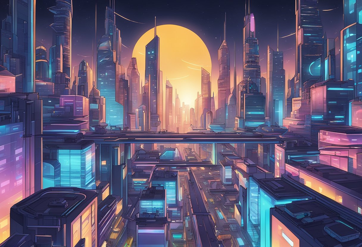 A futuristic cityscape with neon lights and sleek architecture, surrounded by hovering drones and futuristic transportation