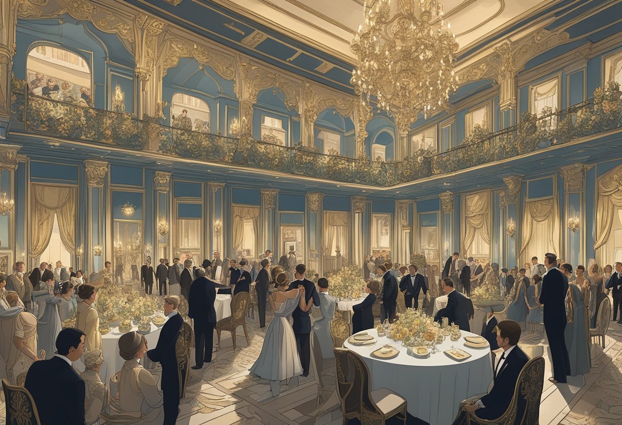 A lavish ballroom filled with opulent decor and elegantly dressed guests, a display of ornate name cards indicating the gilded age baby names of the era