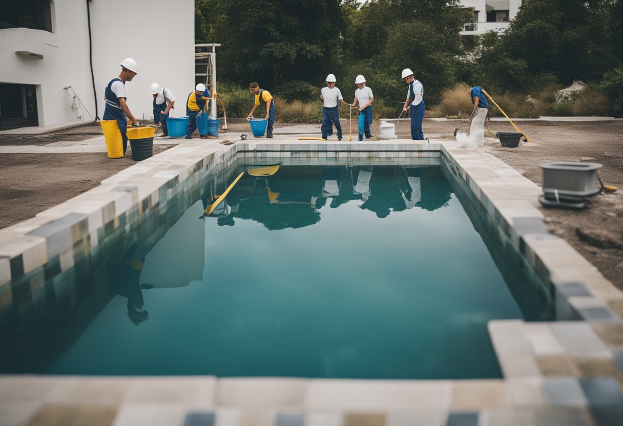 A group of workers renovate a pool, measuring and installing new tiles, while others clean and refill the water