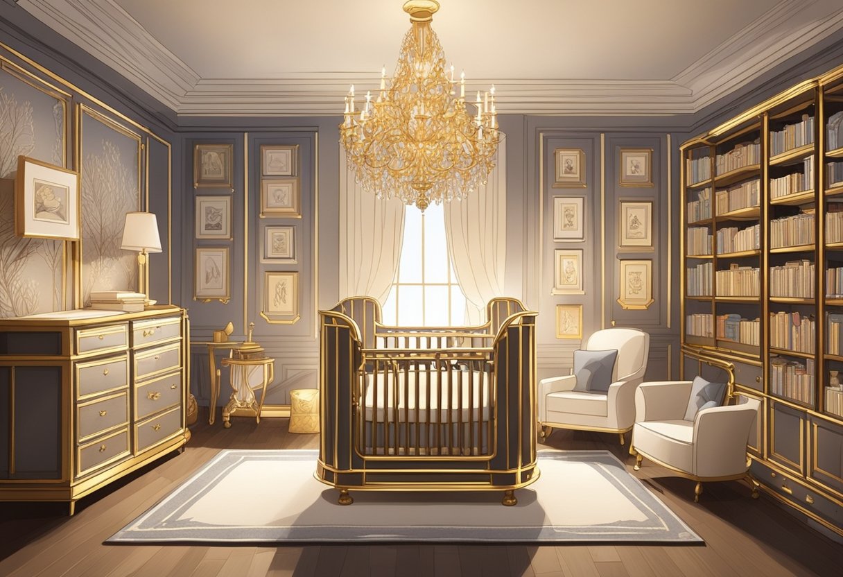 A lavish nursery with ornate cribs, surrounded by shelves of leather-bound baby name books and golden name plaques