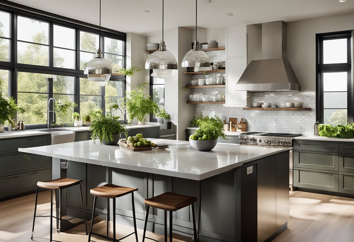 A modern kitchen with sleek IKEA cabinets, stainless steel appliances, and a large island with a granite countertop. The space is filled with natural light from the large windows, and there are pops of greenery throughout the room
