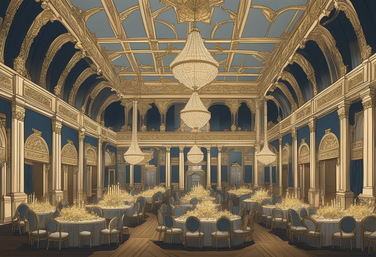A grand ballroom filled with opulent decorations and elegant gowns, with a display of ornate nameplates showcasing the "Good Names" of the gilded age