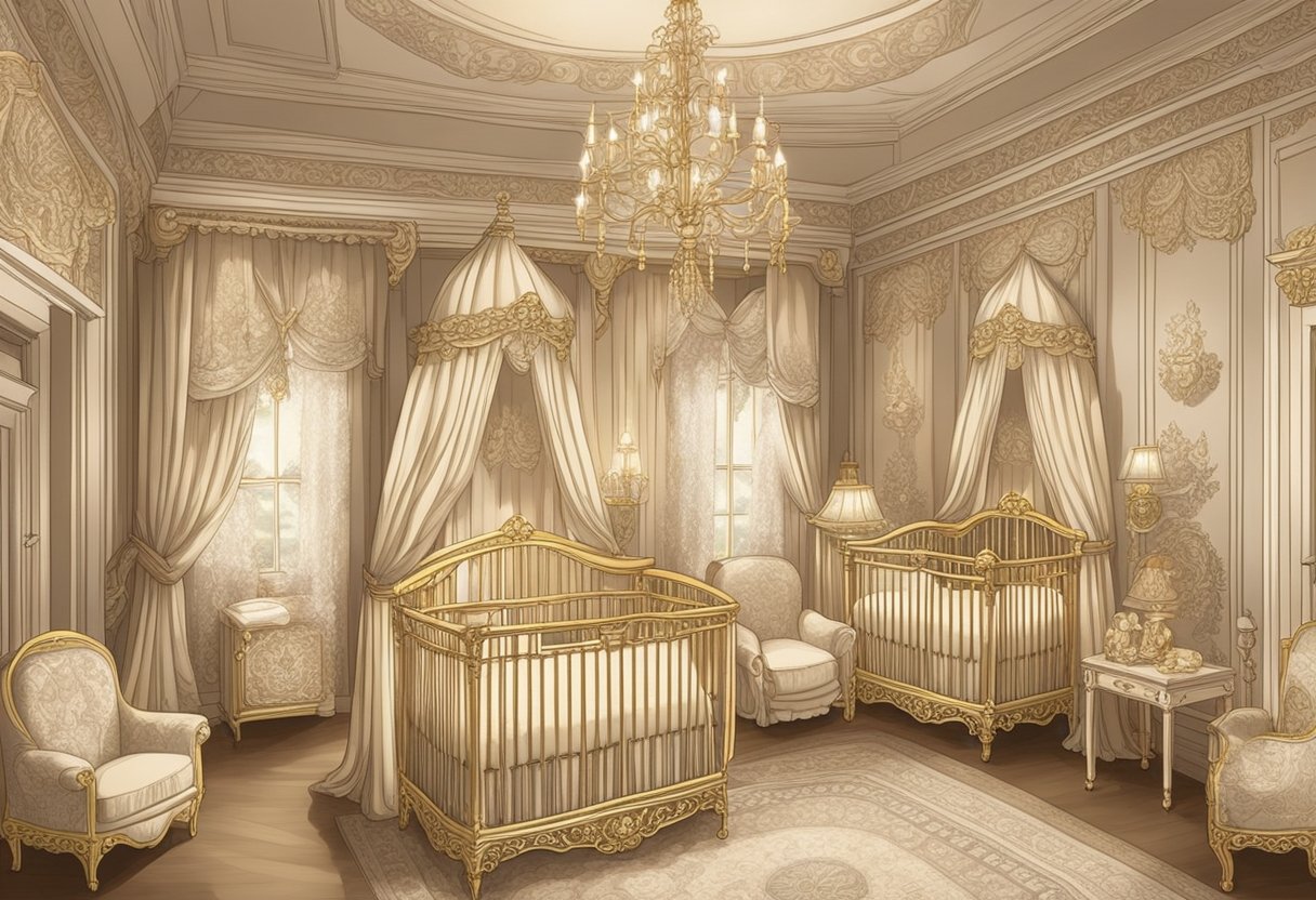 A vintage nursery with ornate cribs, lace curtains, and antique toys. Gold and ivory color palette with opulent details