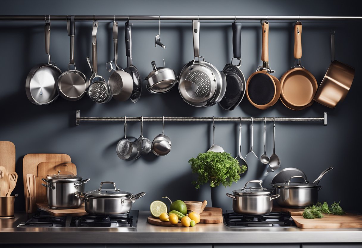 A sleek kitchen counter displays modern utensils and gadgets. A hanging rack holds shiny pots and pans. The scene is well-lit and stylish