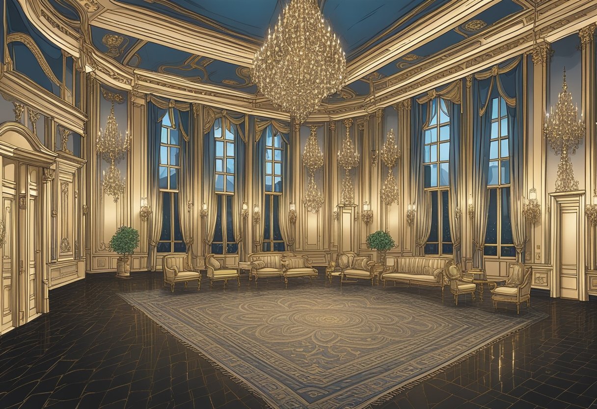 A grand ballroom with ornate chandeliers and opulent decor, evoking the glamour and luxury of the Gilded Age
