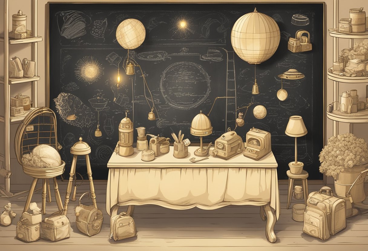 A golden age-themed background with vintage baby items and a brainstorming session with name ideas written on a chalkboard
