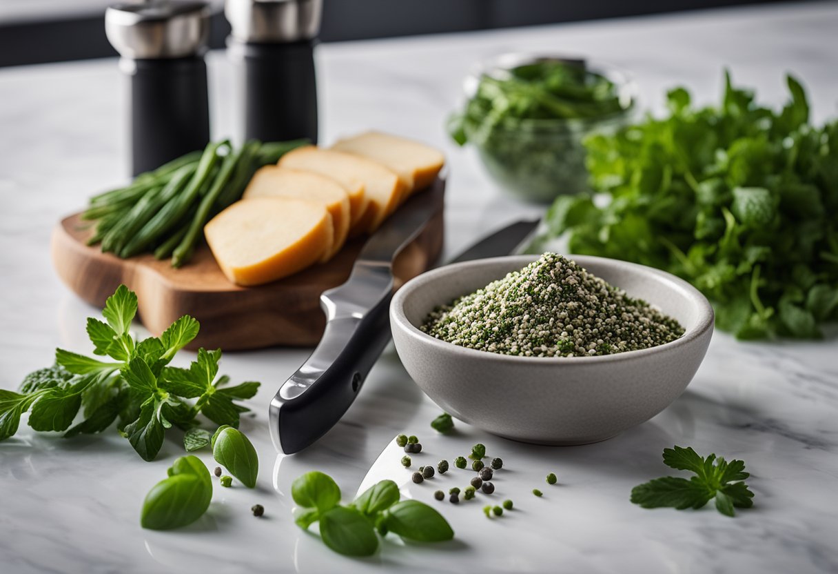 A sleek knife chops fresh herbs on a marble cutting board, while stylish salt and pepper grinders stand nearby