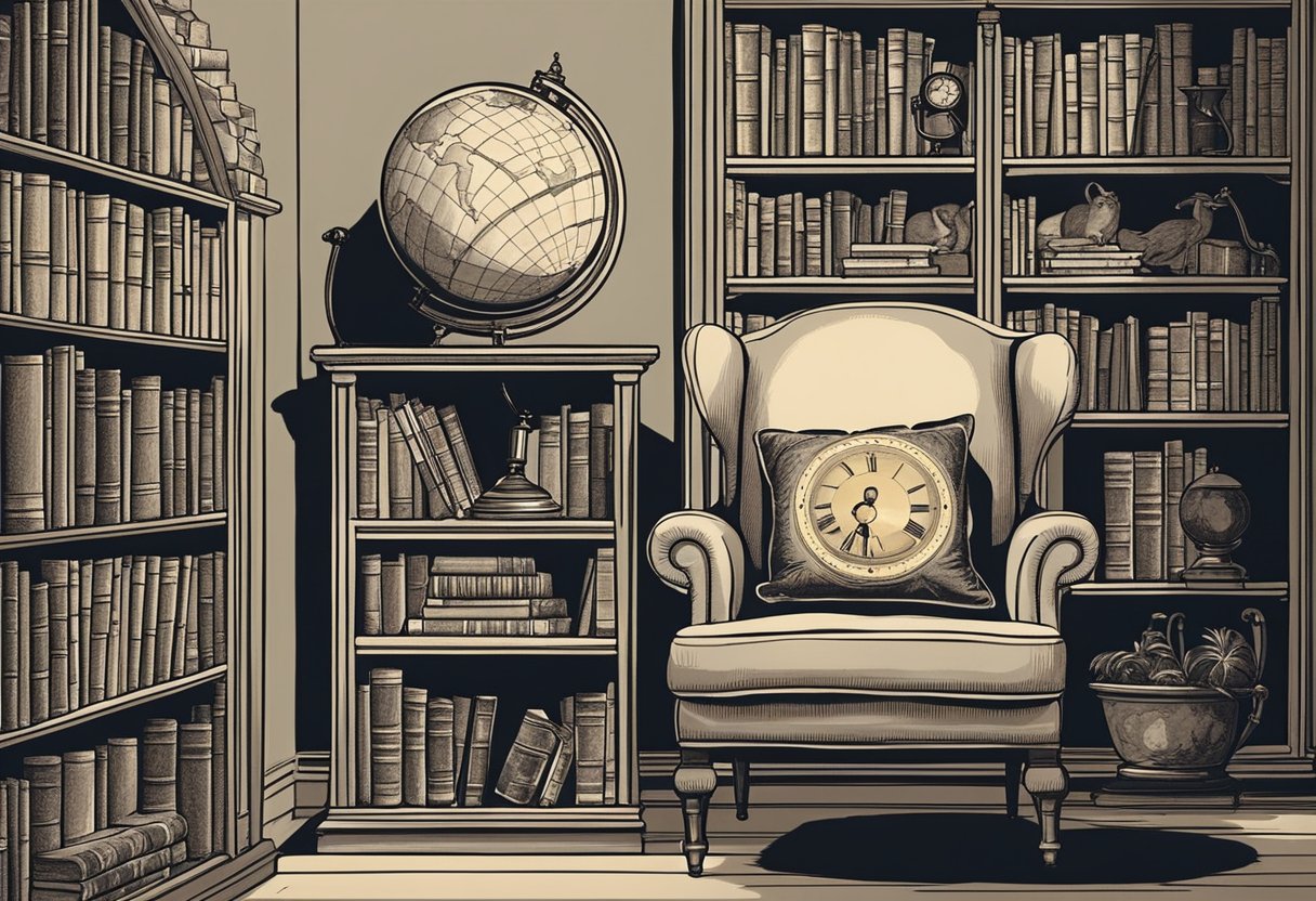 A shelf with vintage books, a clock, and a globe. A cozy armchair and a warm lamp. Timeless and classic