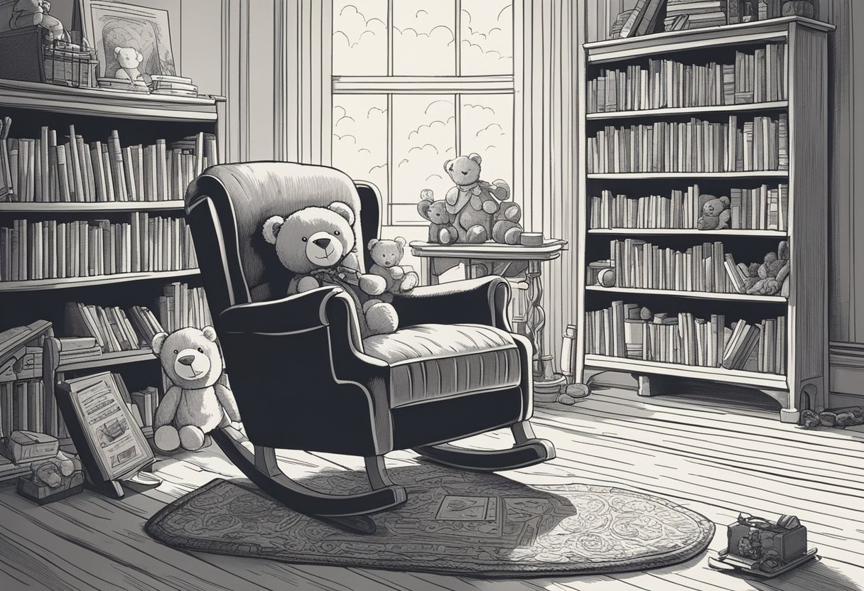 A shelf of classic novels beside a vintage rocking chair, with a teddy bear and children's toys scattered on the floor