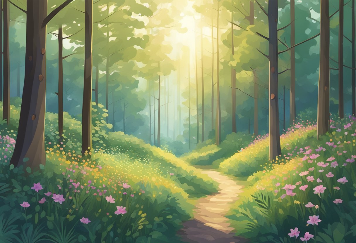 A serene forest clearing with soft sunlight filtering through the trees, surrounded by vibrant wildflowers and a gentle breeze