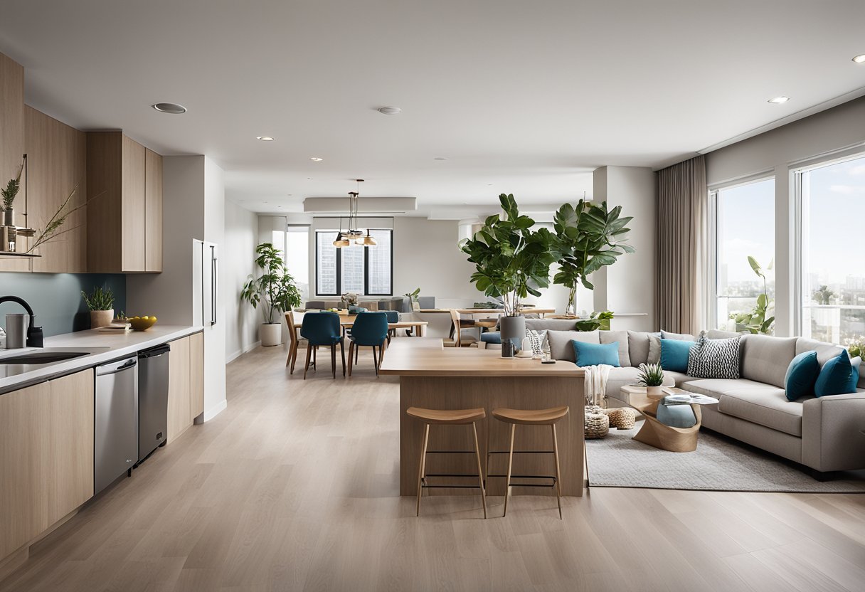 A small condo with open floor plan, modern fixtures, and natural light. Walls removed to create seamless living space. Stylish furniture and pops of color add personality