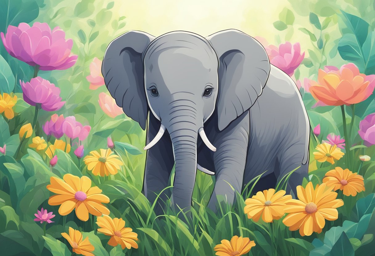 A baby elephant playing in the grass, surrounded by colorful flowers