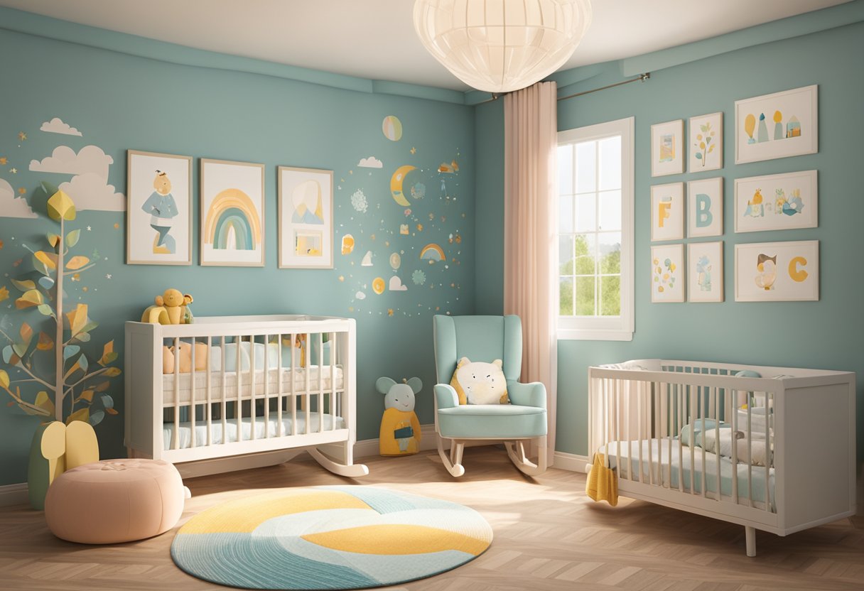 A nursery with colorful alphabet wall decals and a cozy rocking chair in the corner