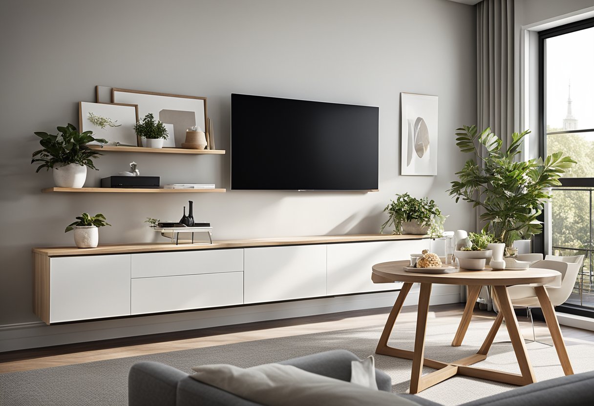A small condo living room with built-in shelves, a fold-down table, and a wall-mounted TV. The space is bright with natural light and features a minimalist, modern design