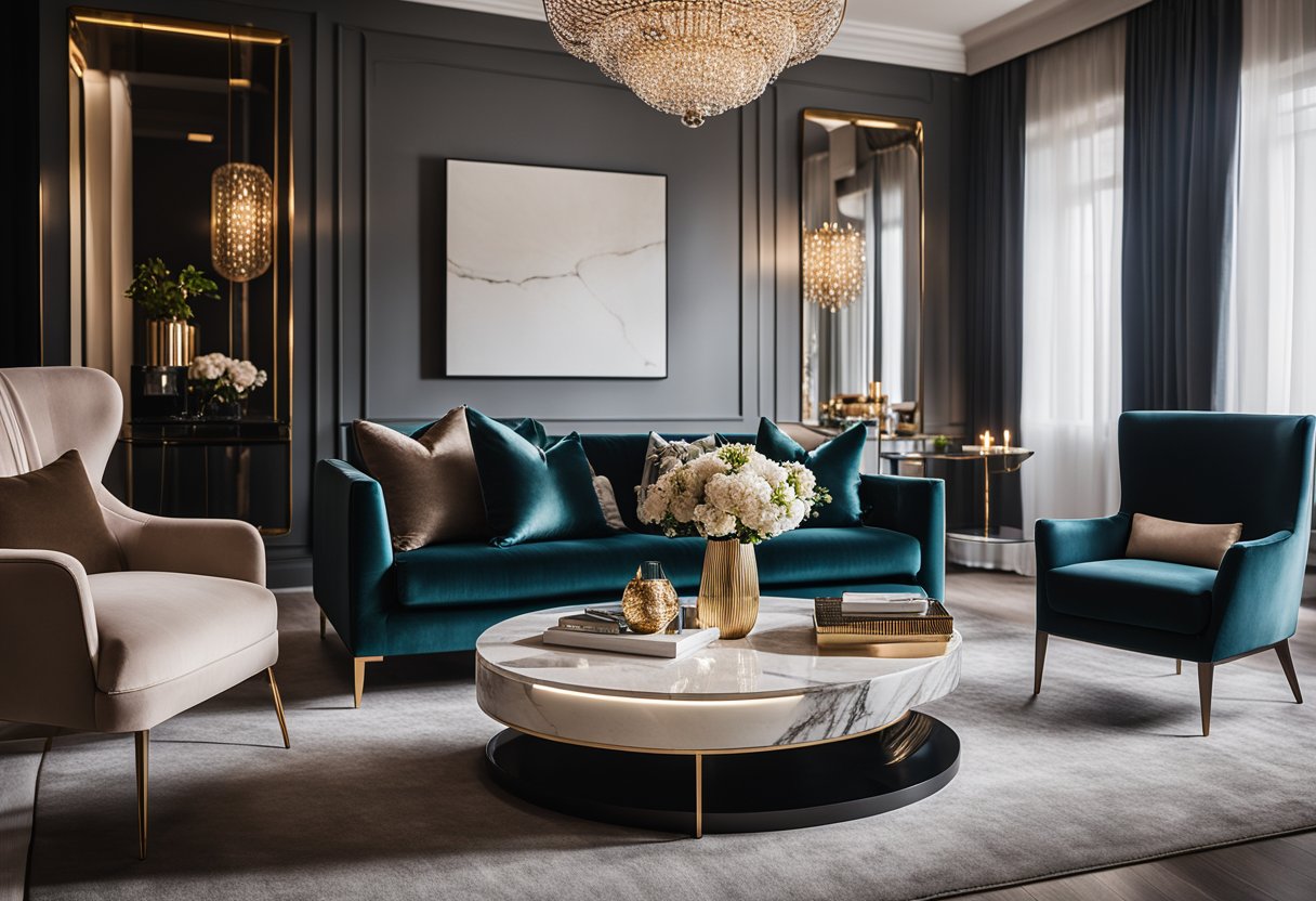 A cozy, modern living room with plush velvet furniture, a sleek marble coffee table, and soft, ambient lighting. Rich, jewel-toned accents and a statement chandelier add a touch of luxury to the compact space