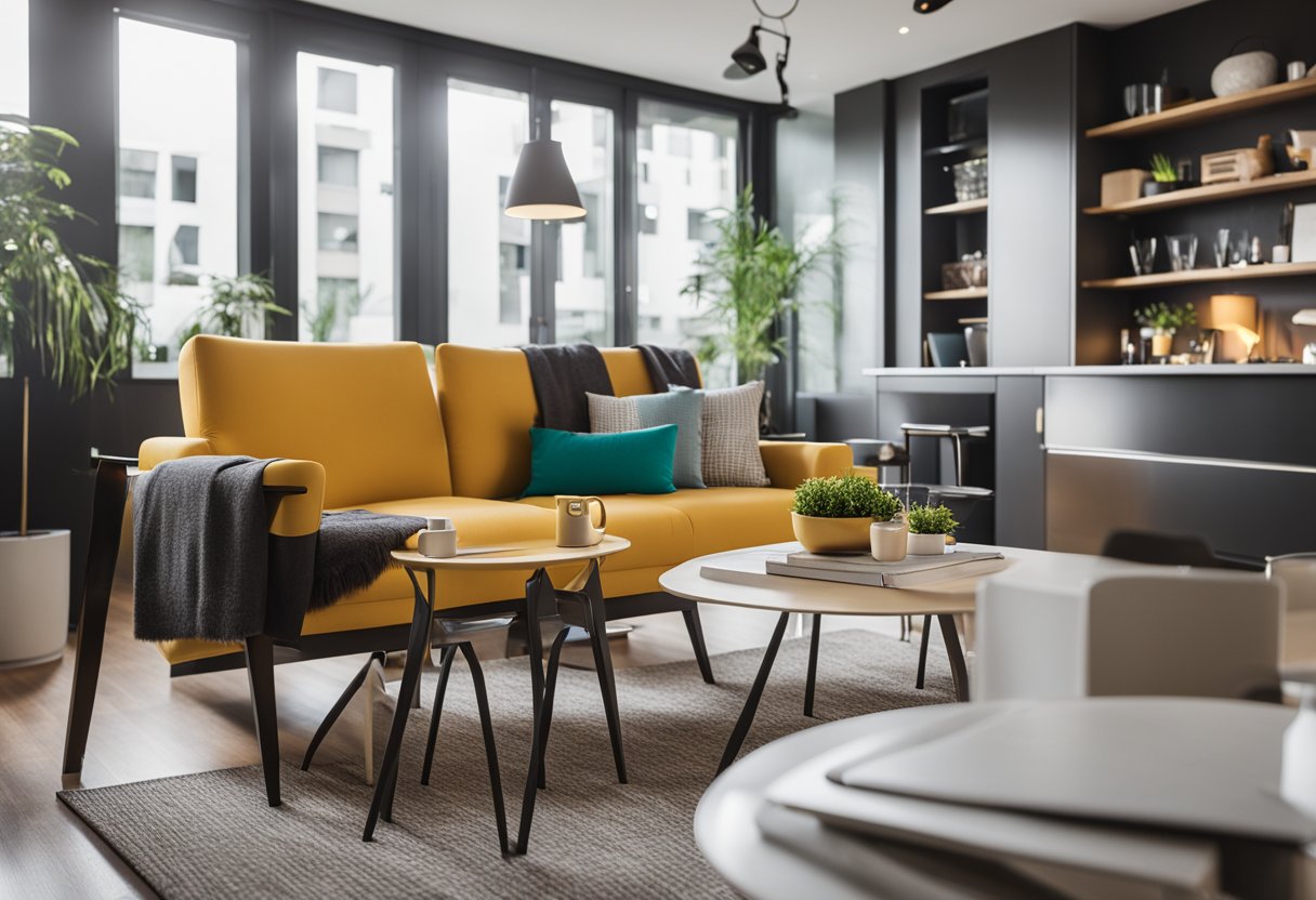 A small condo with modern furniture and bright colors. A FAQ brochure on a table, with a renovation plan and tools in the background