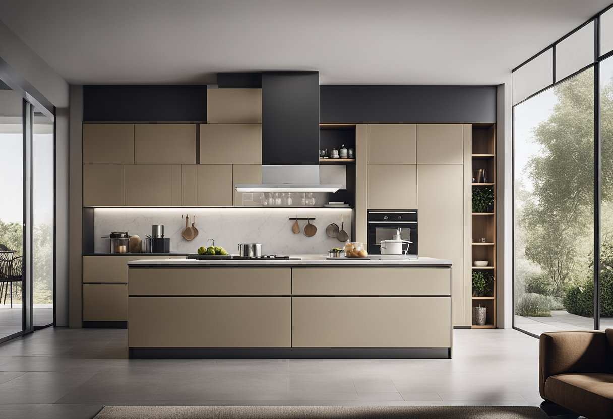 A modern Italian kitchen with sleek cabinets, clean lines, and luxurious finishes. The cabinets are organized and functional, with ample storage space