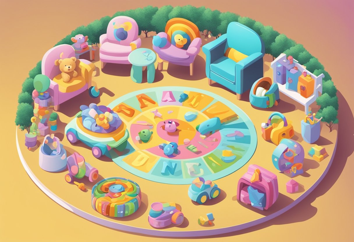 A group of colorful baby items arranged in a circular pattern, including toys, blankets, and clothing, with the words "Name Ideas Continued" written in bold letters above