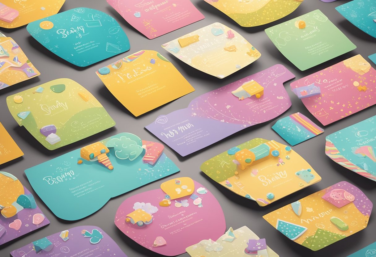 A collection of whimsical, colorful baby name cards scattered on a table, with exaggerated, playful fonts and designs