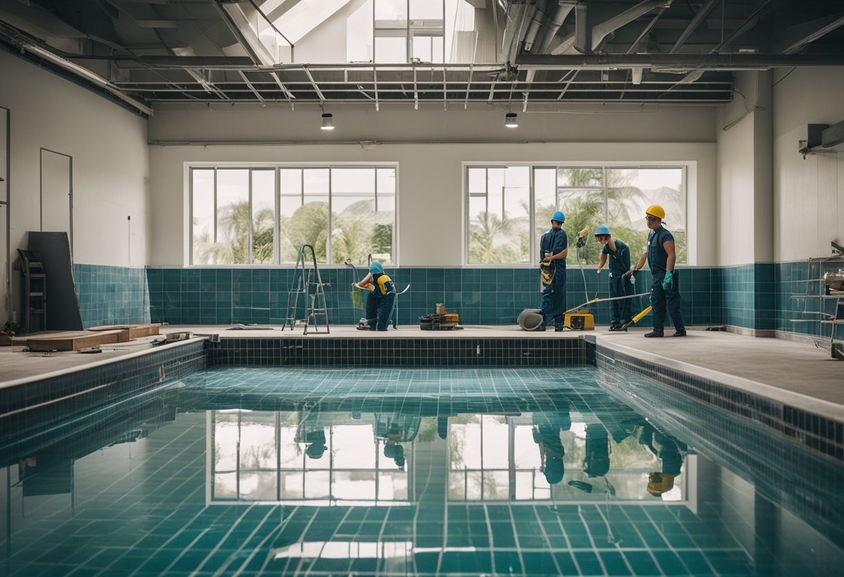 A pool being renovated with workers laying new tiles and adding fresh paint. Equipment and materials are scattered around the area