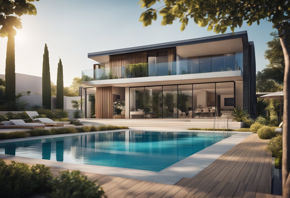 A sparkling swimming pool with modern features and additions, surrounded by a vibrant and inviting renovation setting