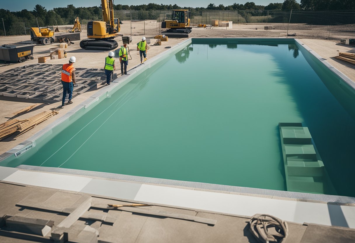 A pool surrounded by construction materials, workers measuring and discussing, with a sign indicating "Frequently Asked Questions swimming pool renovation cost"