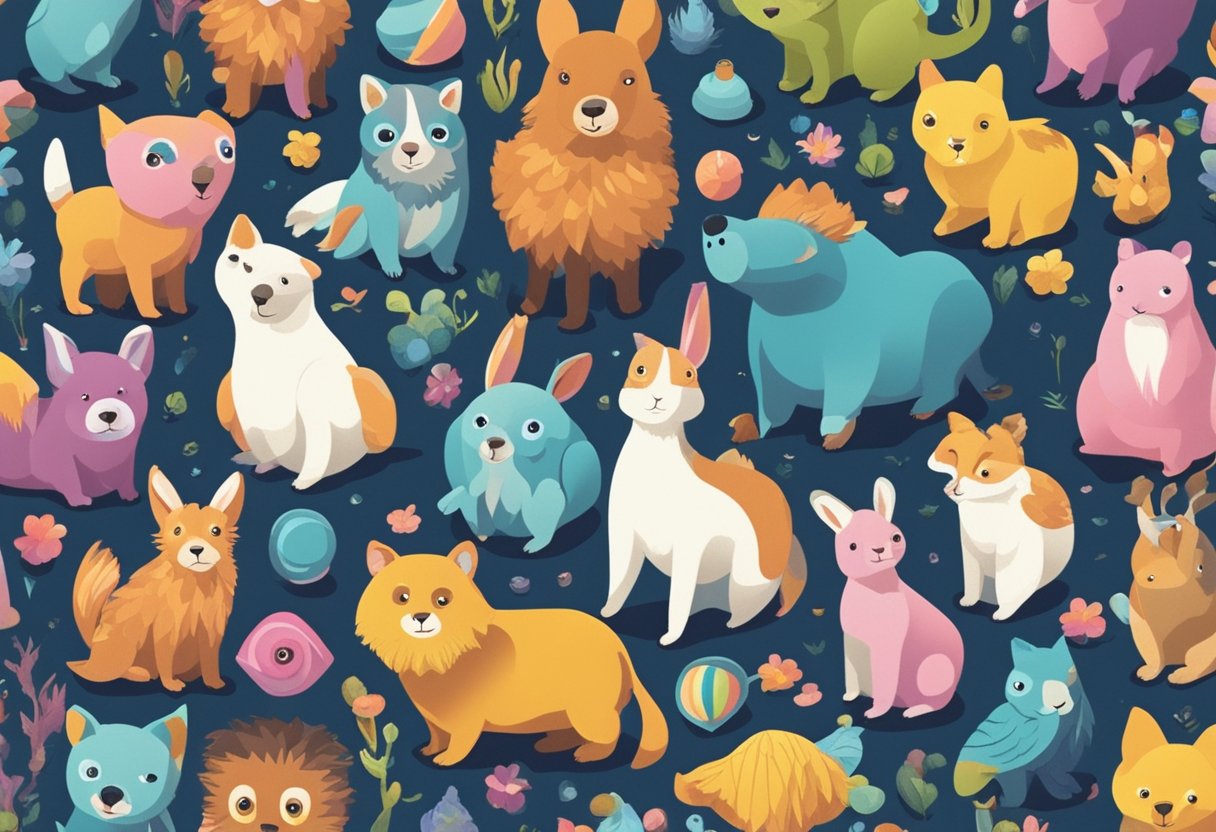 A group of playful animals with silly expressions, surrounded by colorful and whimsical objects