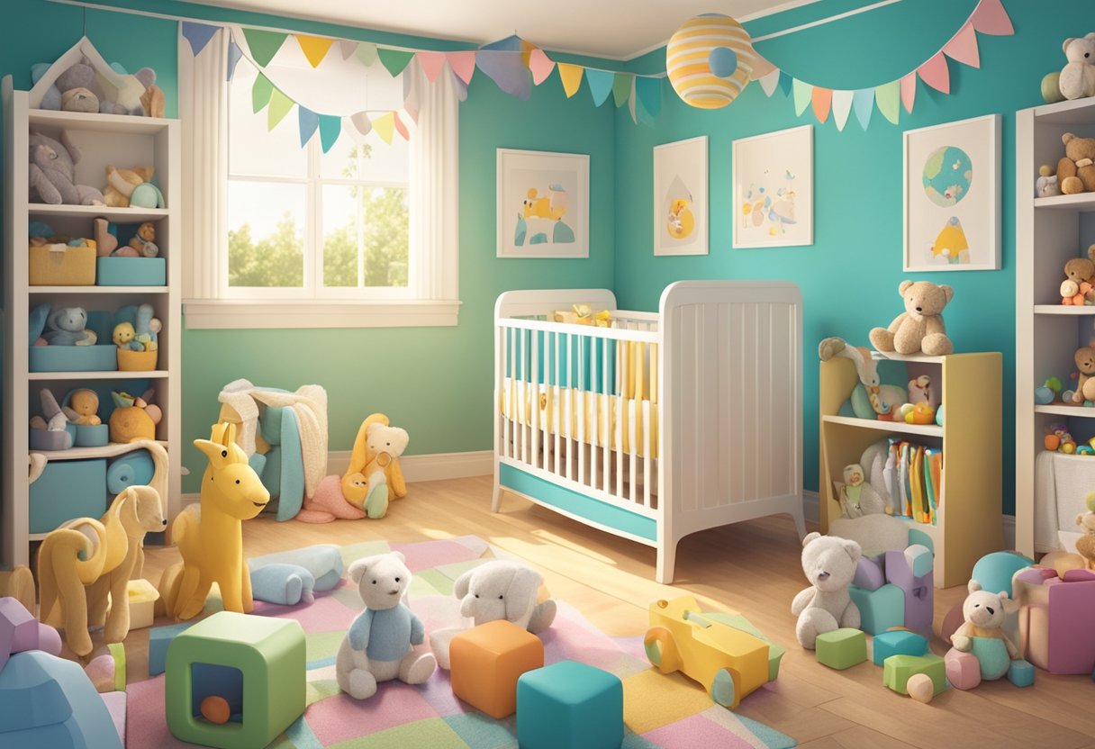 A playful scene with colorful name blocks scattered around a whimsical baby nursery, surrounded by toys and stuffed animals