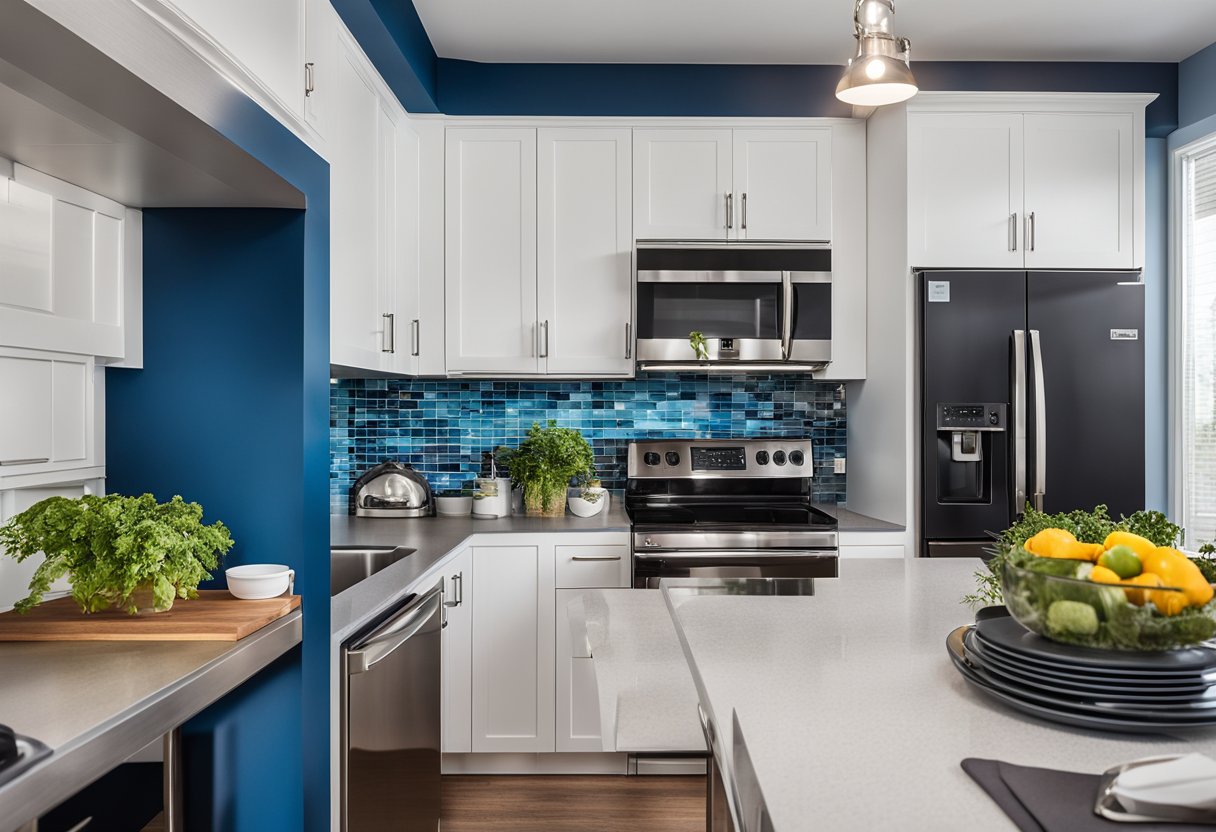 A bright, modern kitchen with white cabinets, a bold blue accent wall, and stainless steel appliances. The countertops are a sleek black granite, and the floor is a warm, natural wood