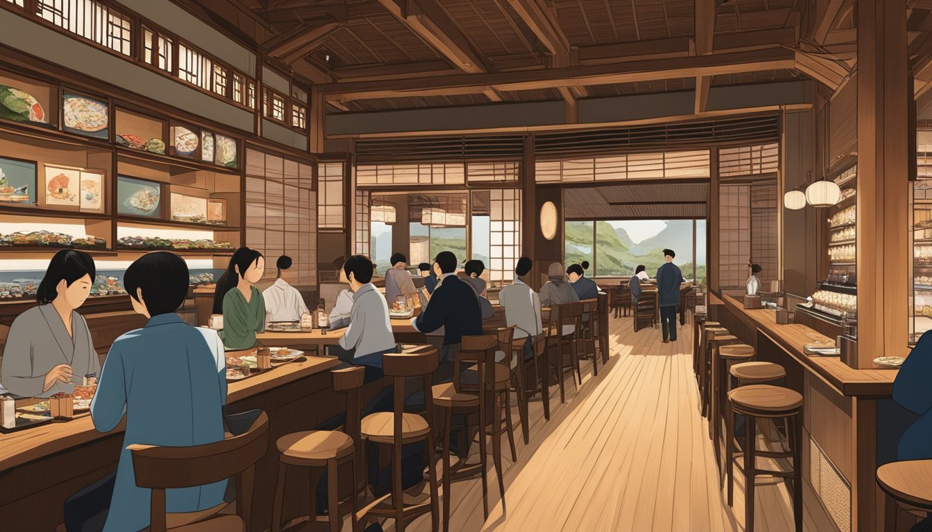 The bustling interior of Akashi Japanese restaurant, with patrons enjoying sushi and sashimi at the sleek, wooden bar. Sake bottles line the shelves, and traditional Japanese artwork adorns the walls