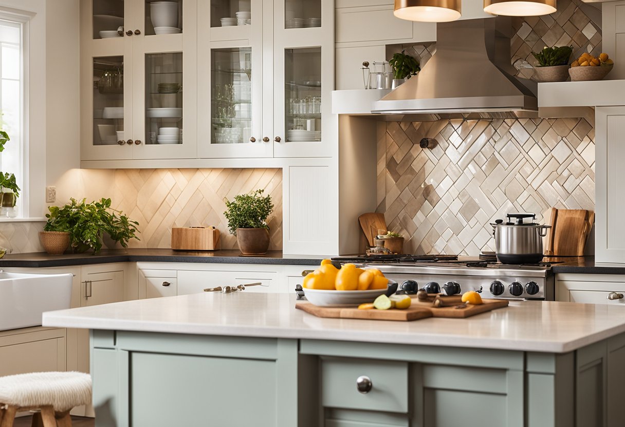 A bright, airy kitchen with white cabinets, a warm, earthy-toned backsplash, and pops of vibrant color in the form of accessories and appliances