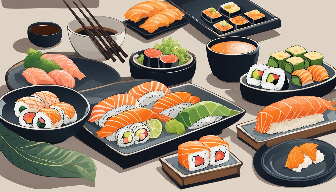 A spread of colorful sushi rolls, sashimi, and tempura on traditional Japanese plates at Akashi Japanese restaurant