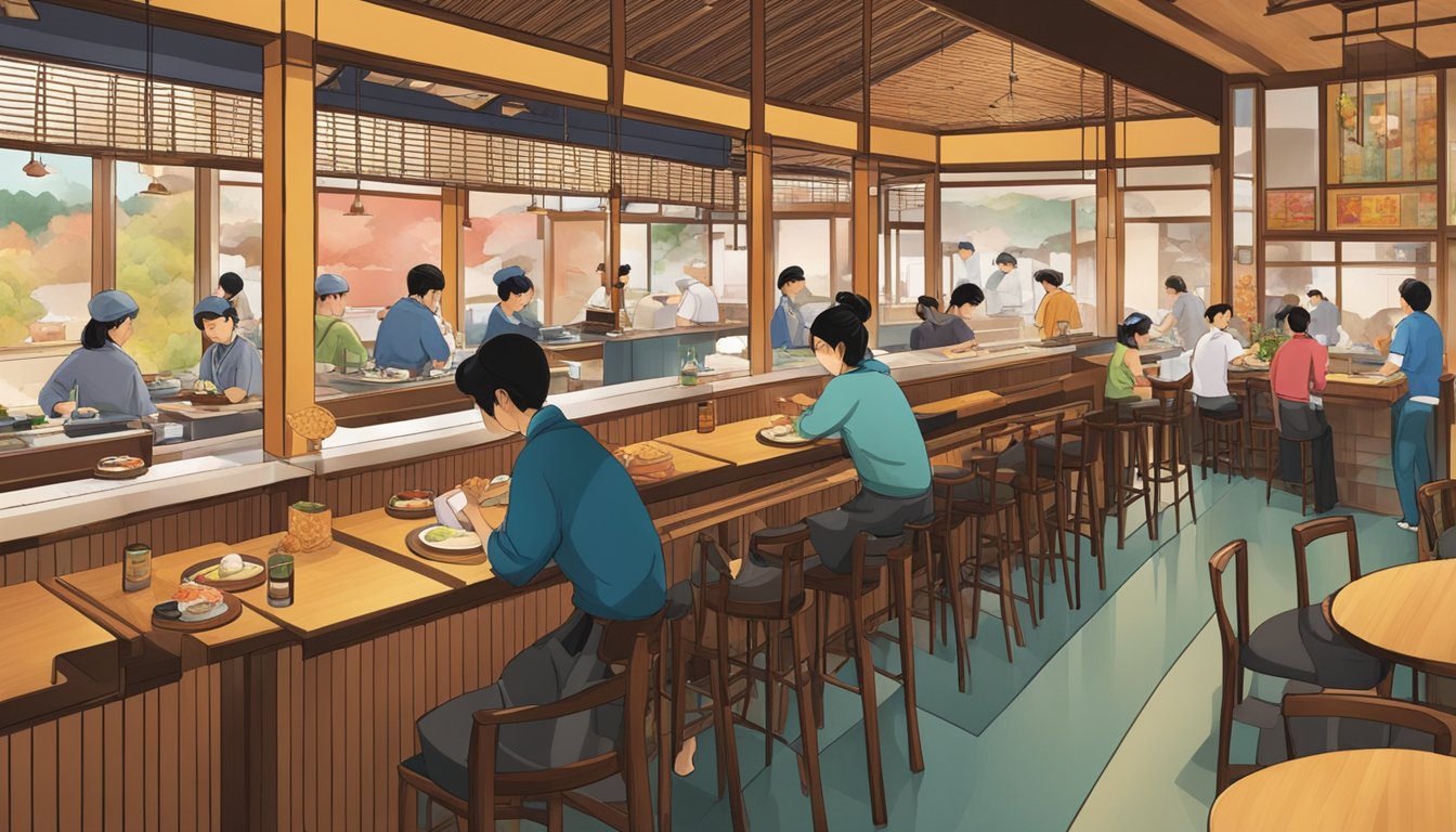 The bustling interior of Akashi Japanese restaurant, with customers enjoying their meals and waitstaff tending to tables. Sushi chefs expertly crafting colorful rolls behind the counter