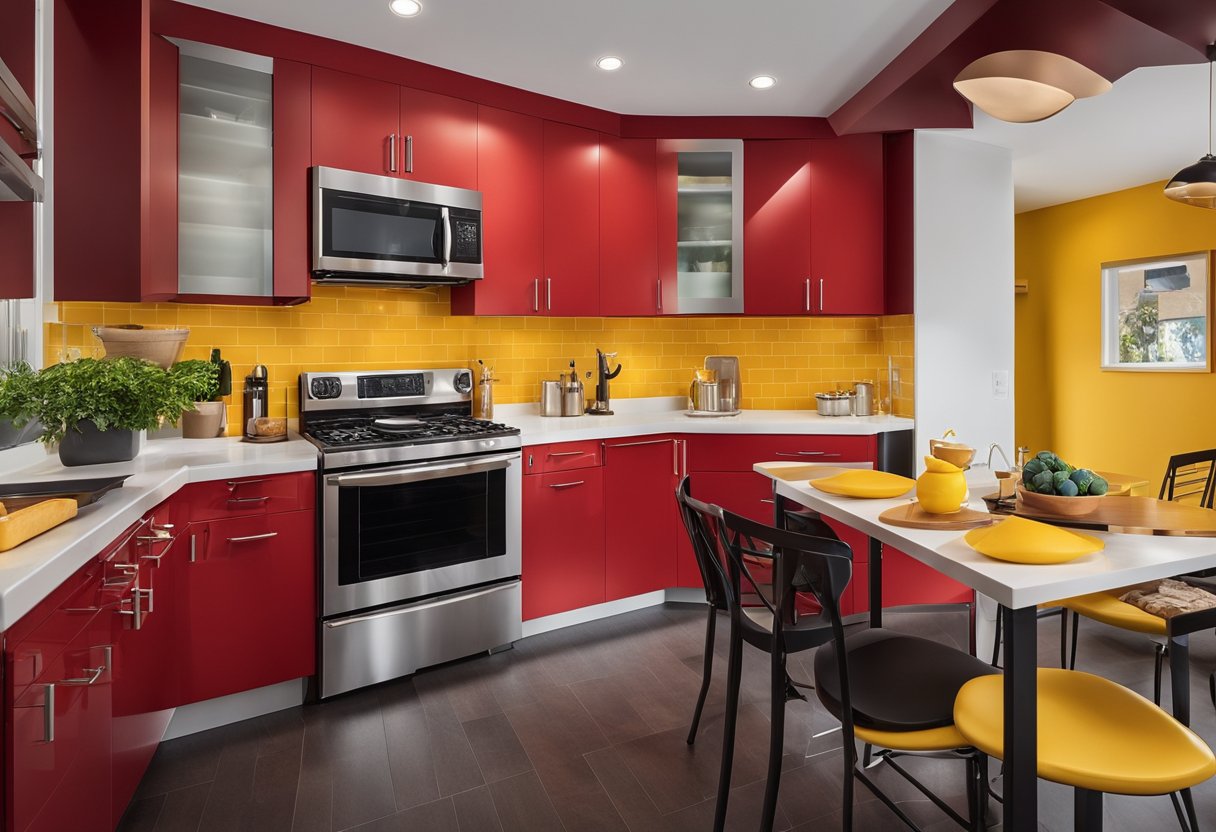 A vibrant kitchen with red cabinets, yellow walls, and blue accents. The countertops are a sleek black, and the appliances are a crisp white