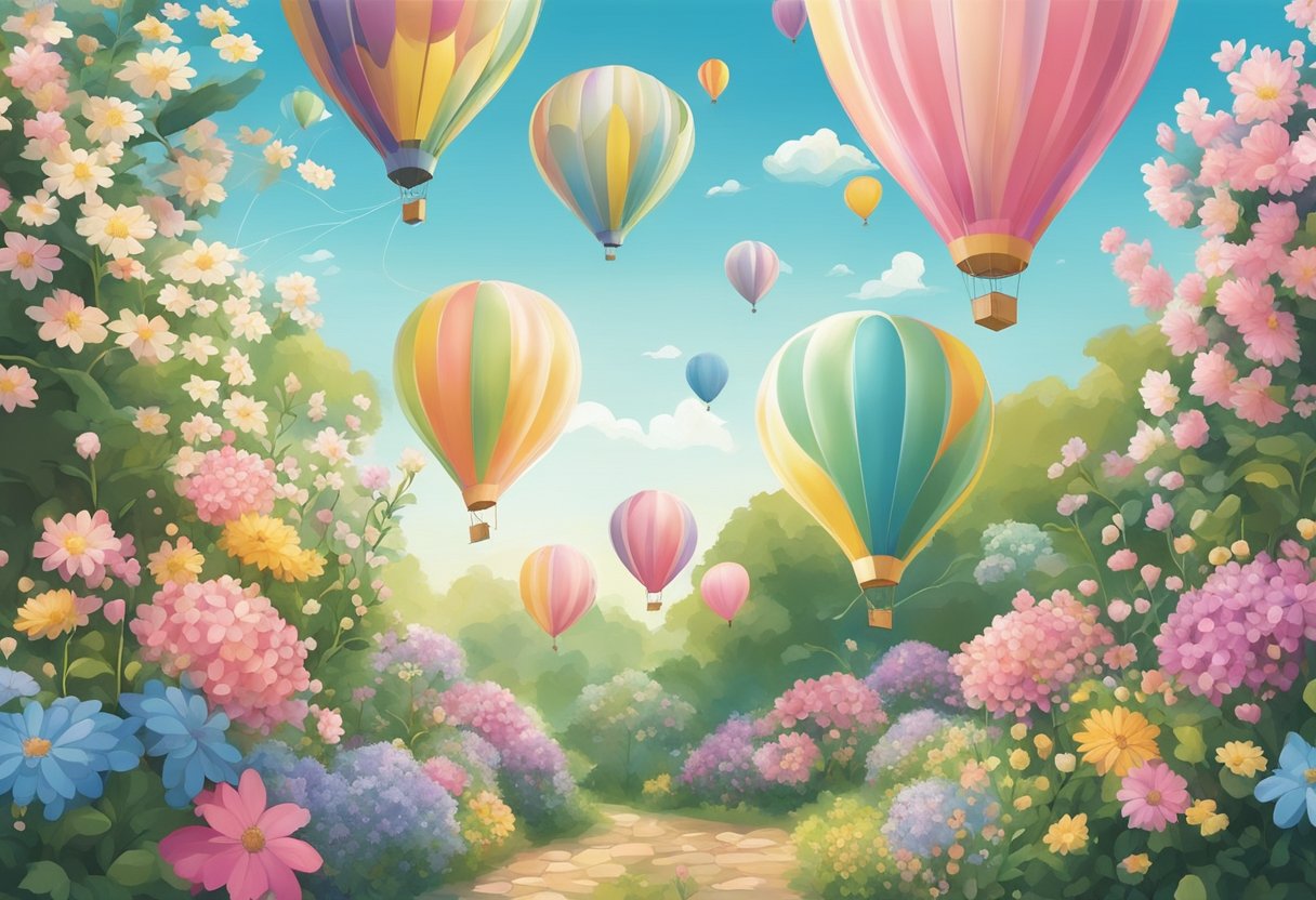 Colorful balloons float around a garden of delicate flowers, as a gentle breeze whispers through the air, carrying the soft sound of laughter and the sweet scent of blossoms