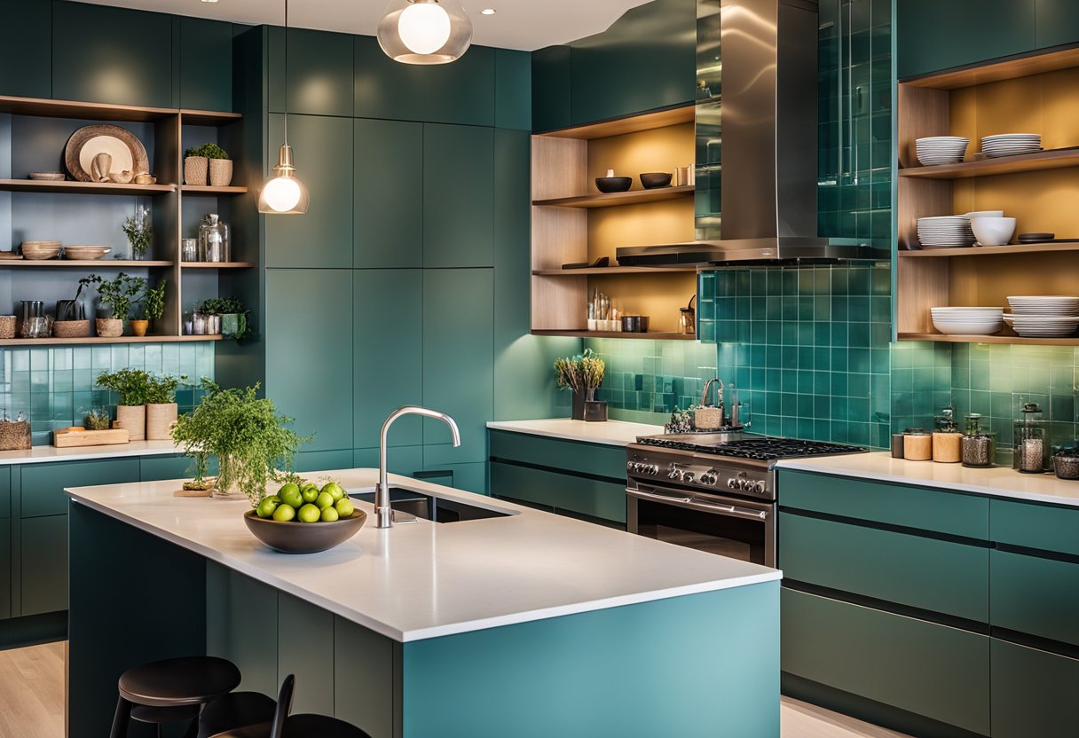 A modern kitchen with a vibrant color scheme, featuring sleek cabinets, a bold backsplash, and stylish countertops. The space is well-lit and inviting, with a mix of warm and cool tones
