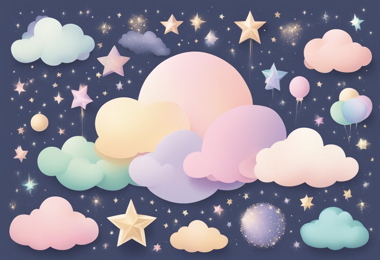 A collection of delicate, whimsical baby girl names float among fluffy clouds, surrounded by pastel hues and sparkling stars